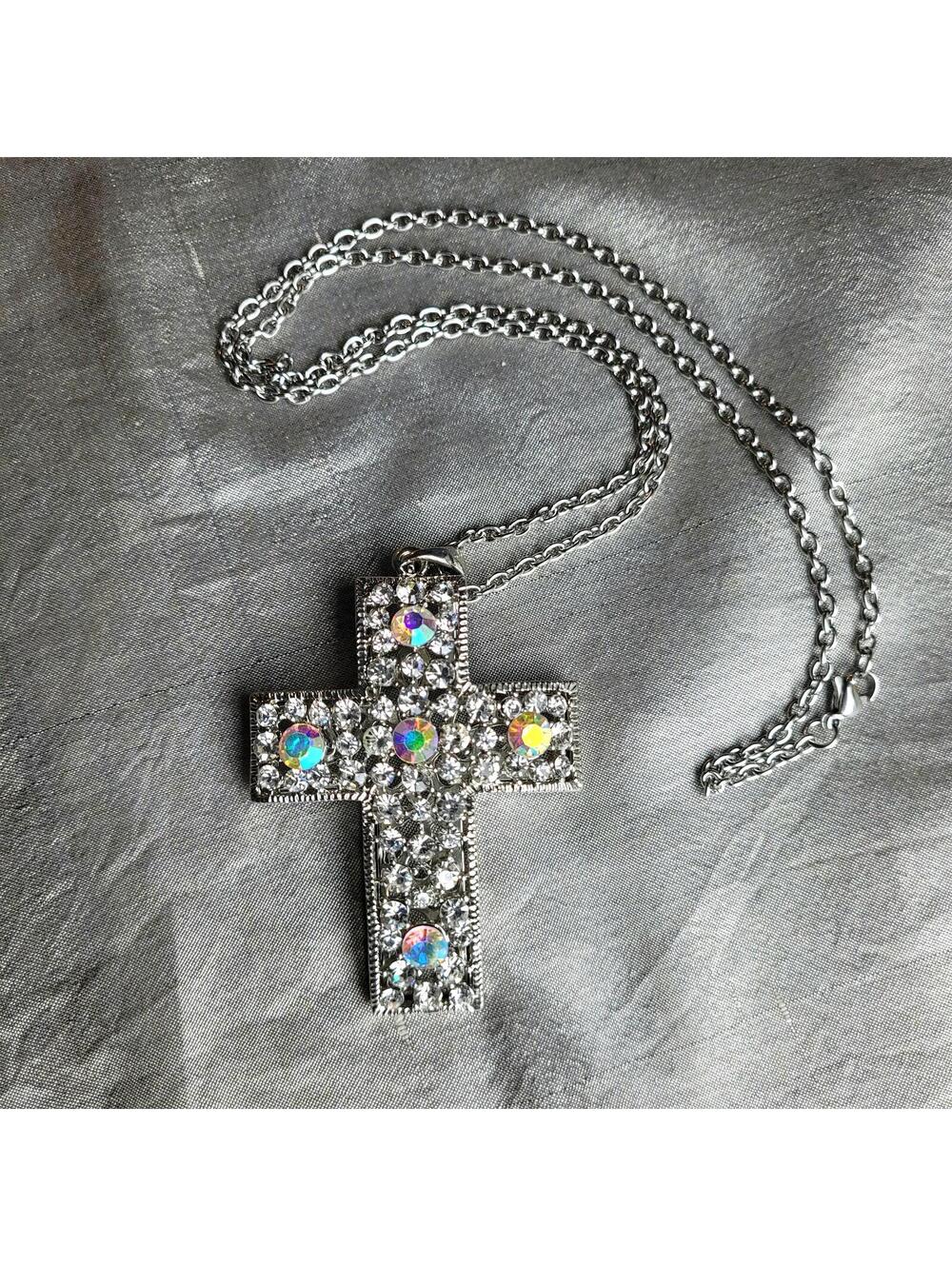 Silver Tone Cross Necklace with AB Rhinestone Accents